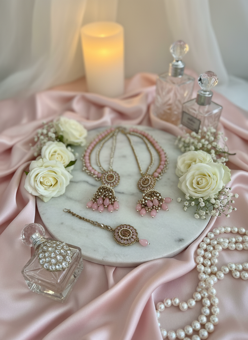 Pink & Gold Ear Chain Earrings