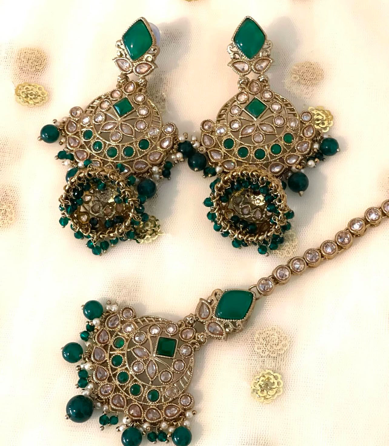 Green & Gold Jhumki Earrings Tikka Set
