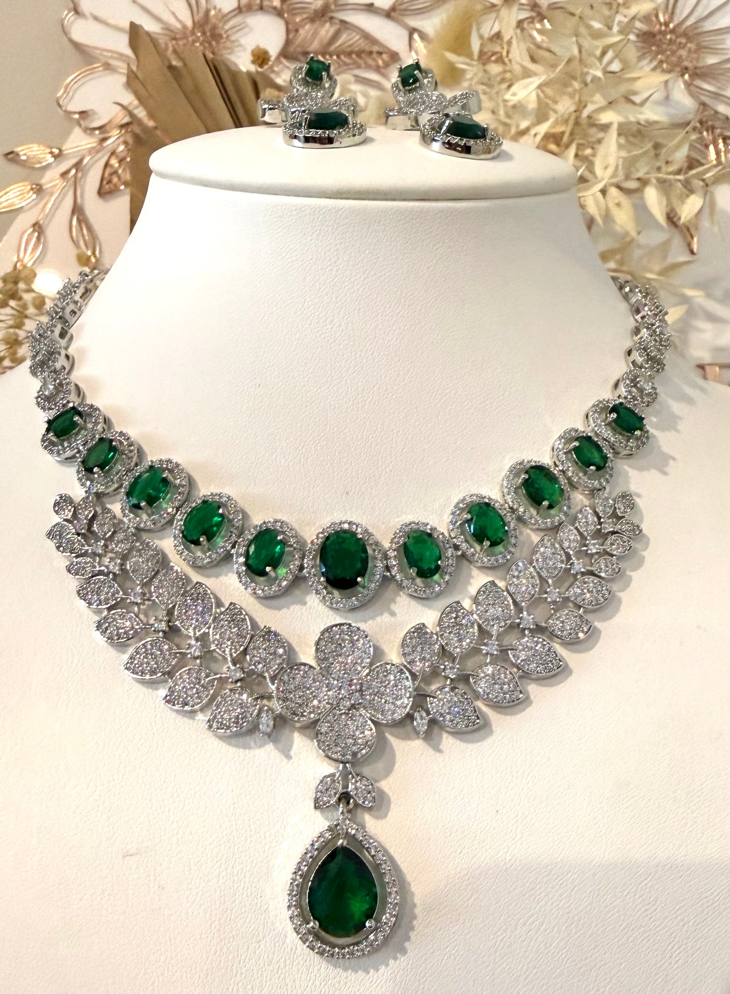Silver & Green American Diamond (AD) Set