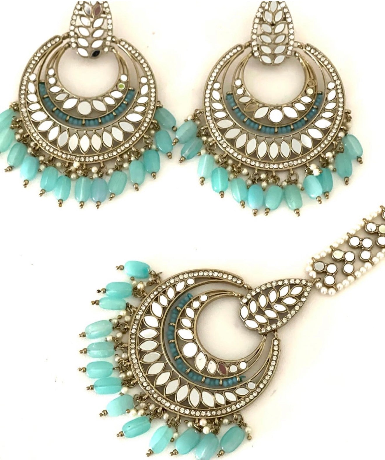 Light Blue Oversized Earrings & Tikka Set