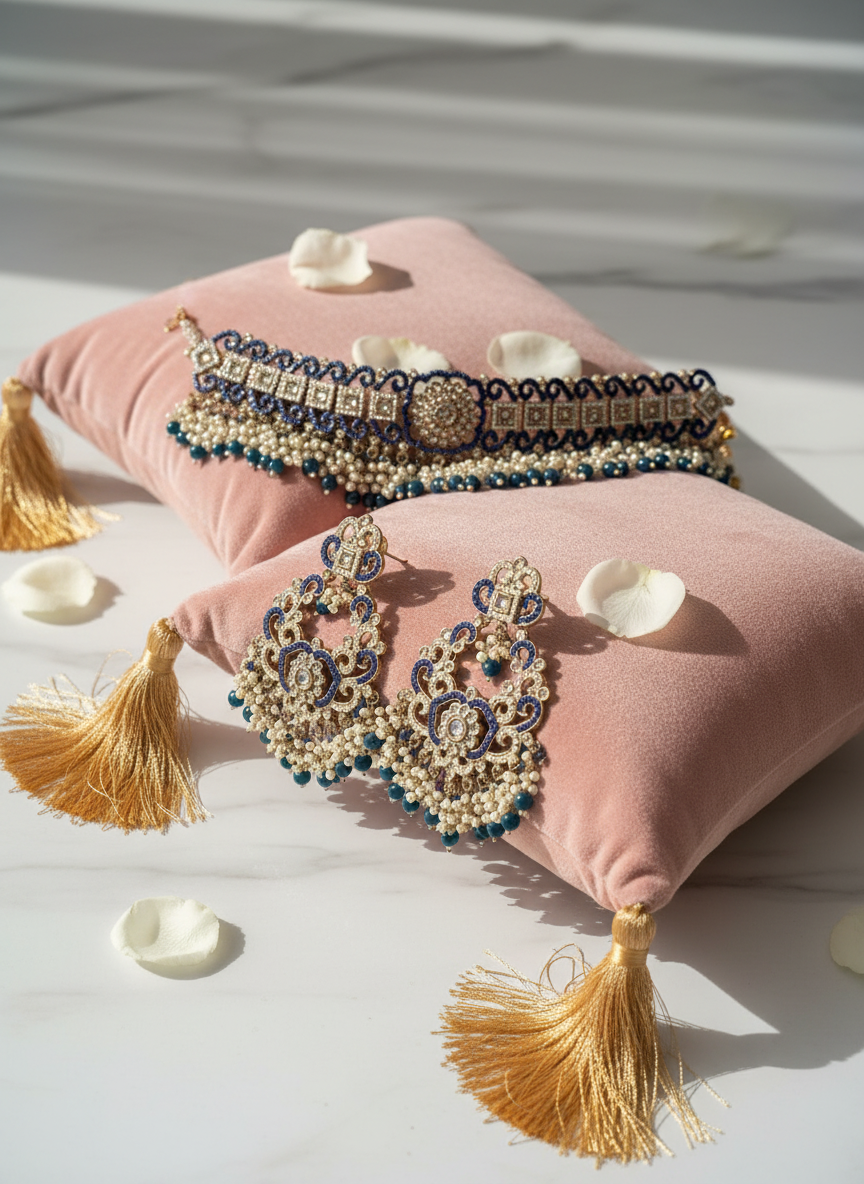 Blue Kundan Set - Pink Cushions with Roses