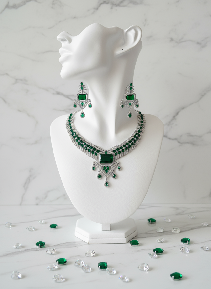 Green and silver necklace set with earrings on full neckline