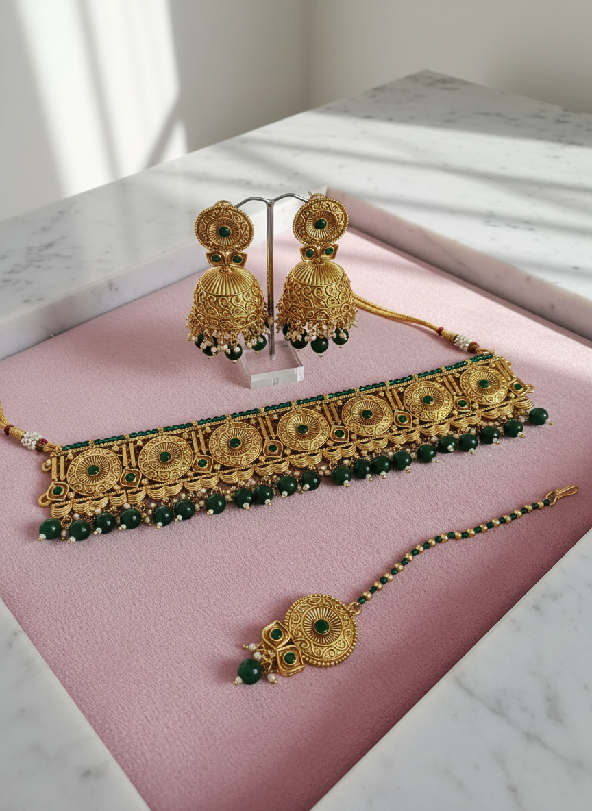 Green stone jewelry set on pastel pink luxury setup