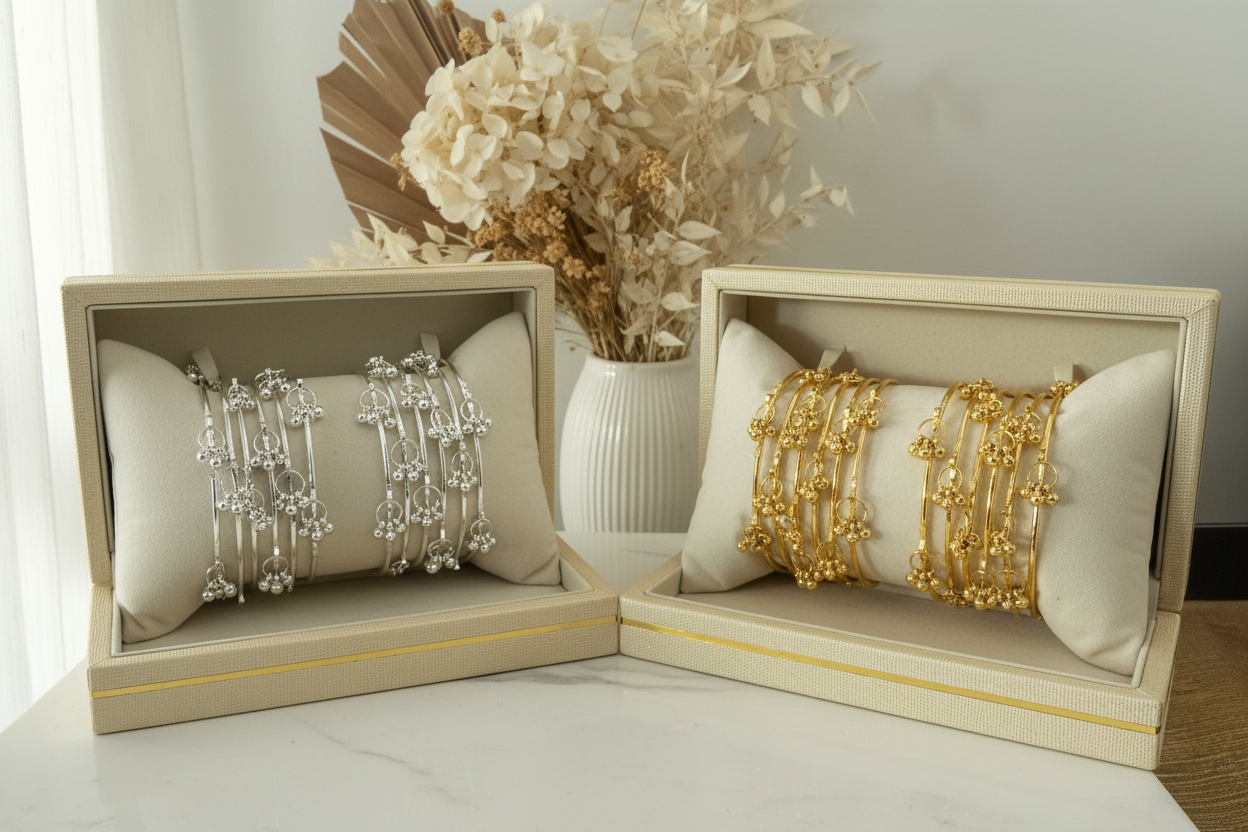 Silver and Gold Bangles in Jewelry Boxes