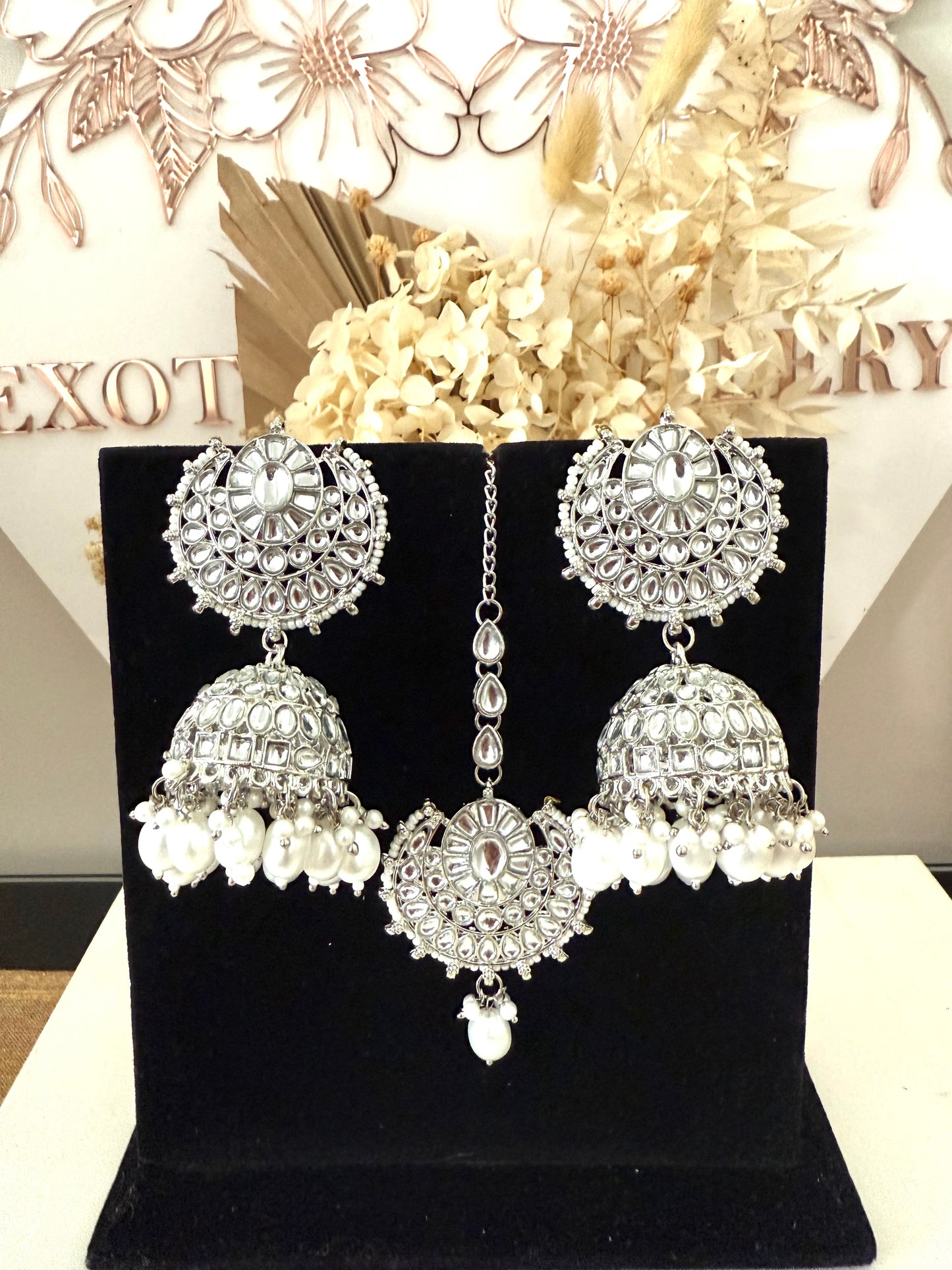 Silver Jhumki Earrings & Tikka Set