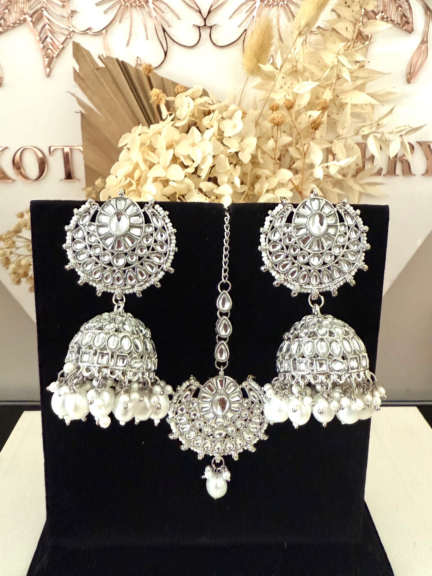 Silver Jhumki Earrings & Tikka Set