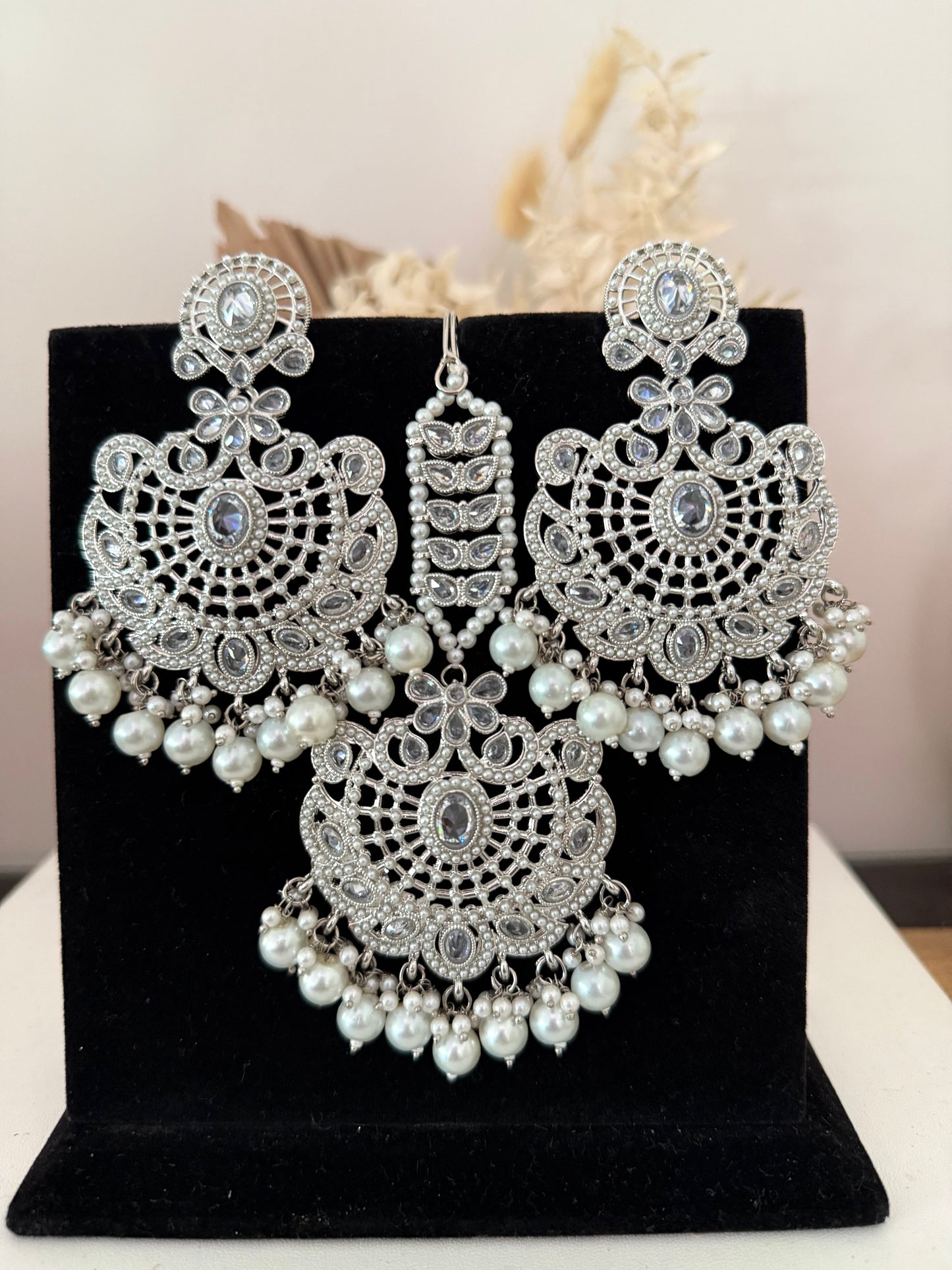 Silver & White Pears Earrings Tikka Set