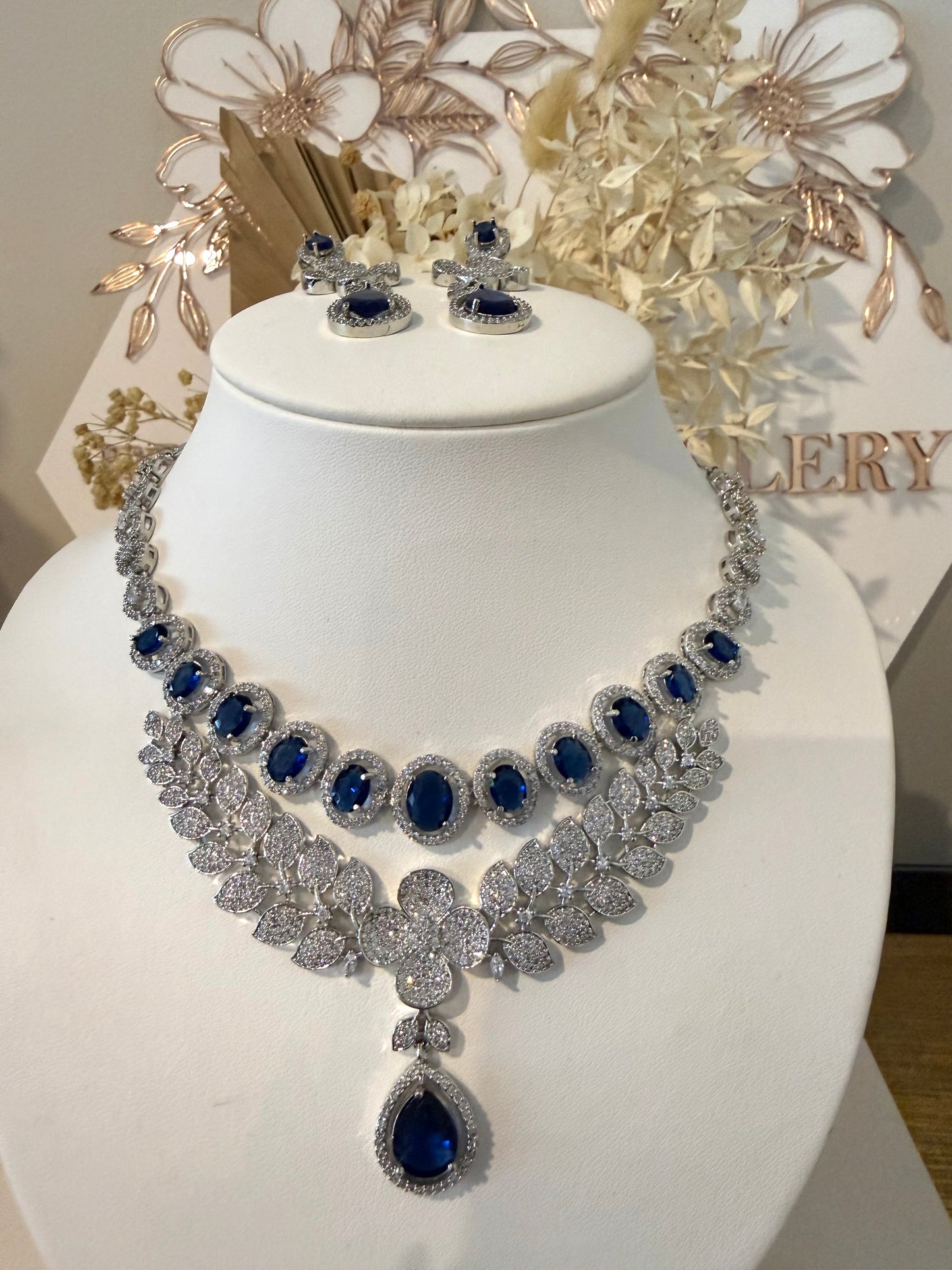 Silver & Navy Blue American Diamond (AD) Set