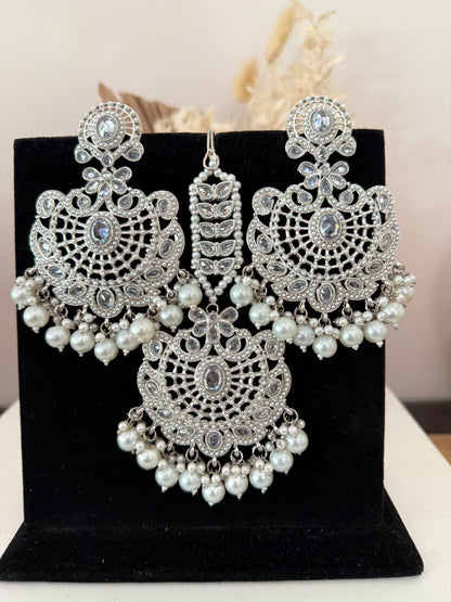 Silver & White Pears Earrings Tikka Set