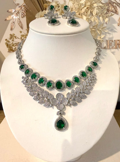 Silver & Green American Diamond (AD) Set