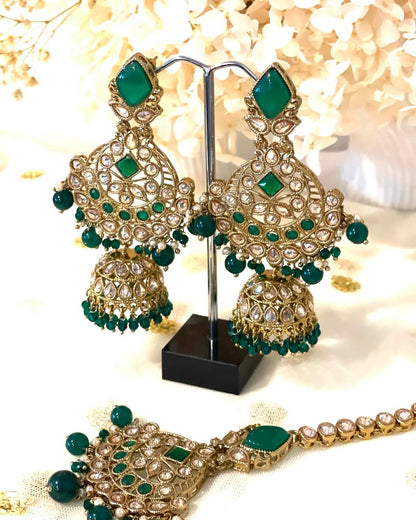 Green & Gold Jhumki Earrings Tikka Set