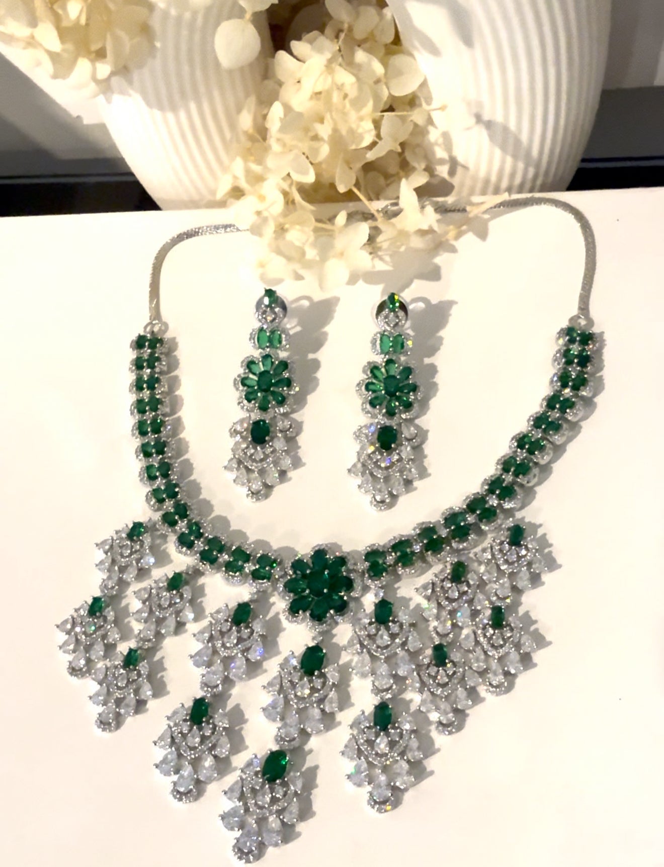 Silver & Green American Diamond (AD) Set