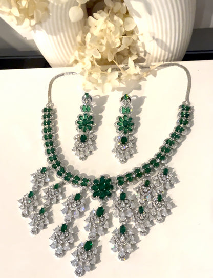Silver & Green American Diamond (AD) Set