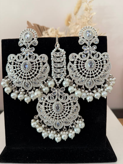 Silver & White Pears Earrings Tikka Set