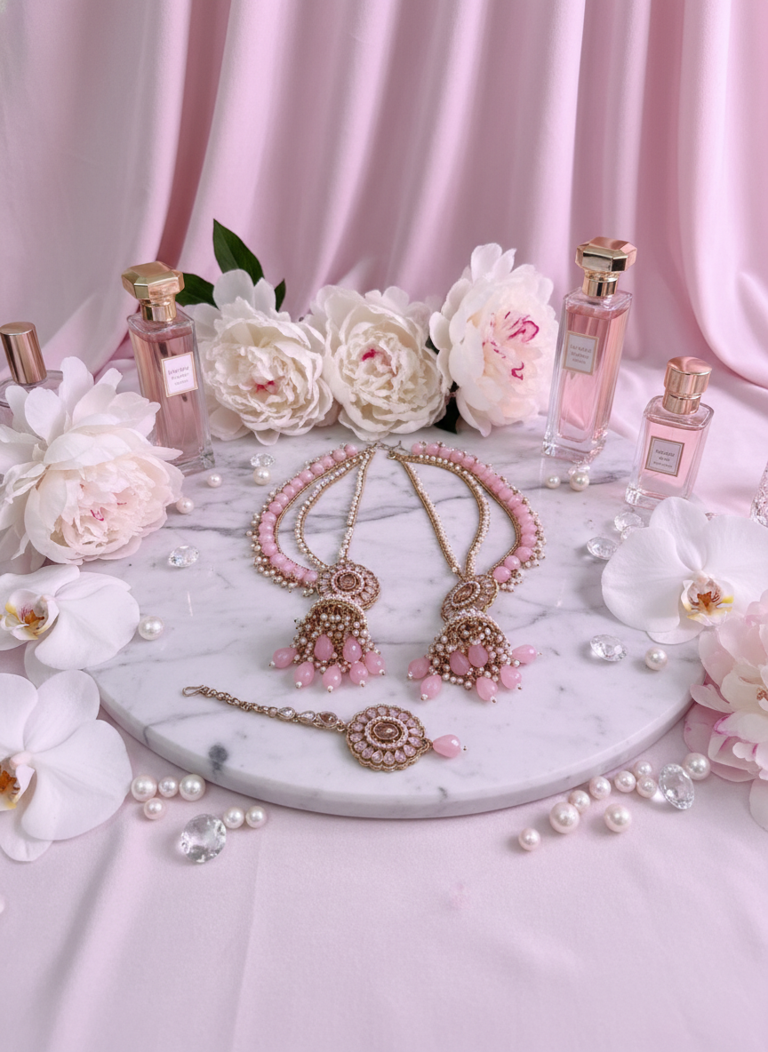 Pink & Gold Ear Chain Earrings