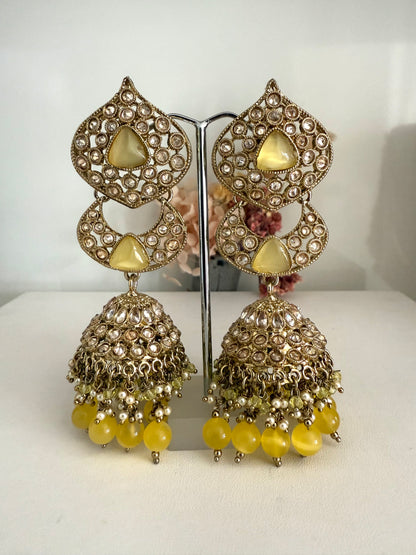 Gold Tone & Yellow Jhumki Earrings