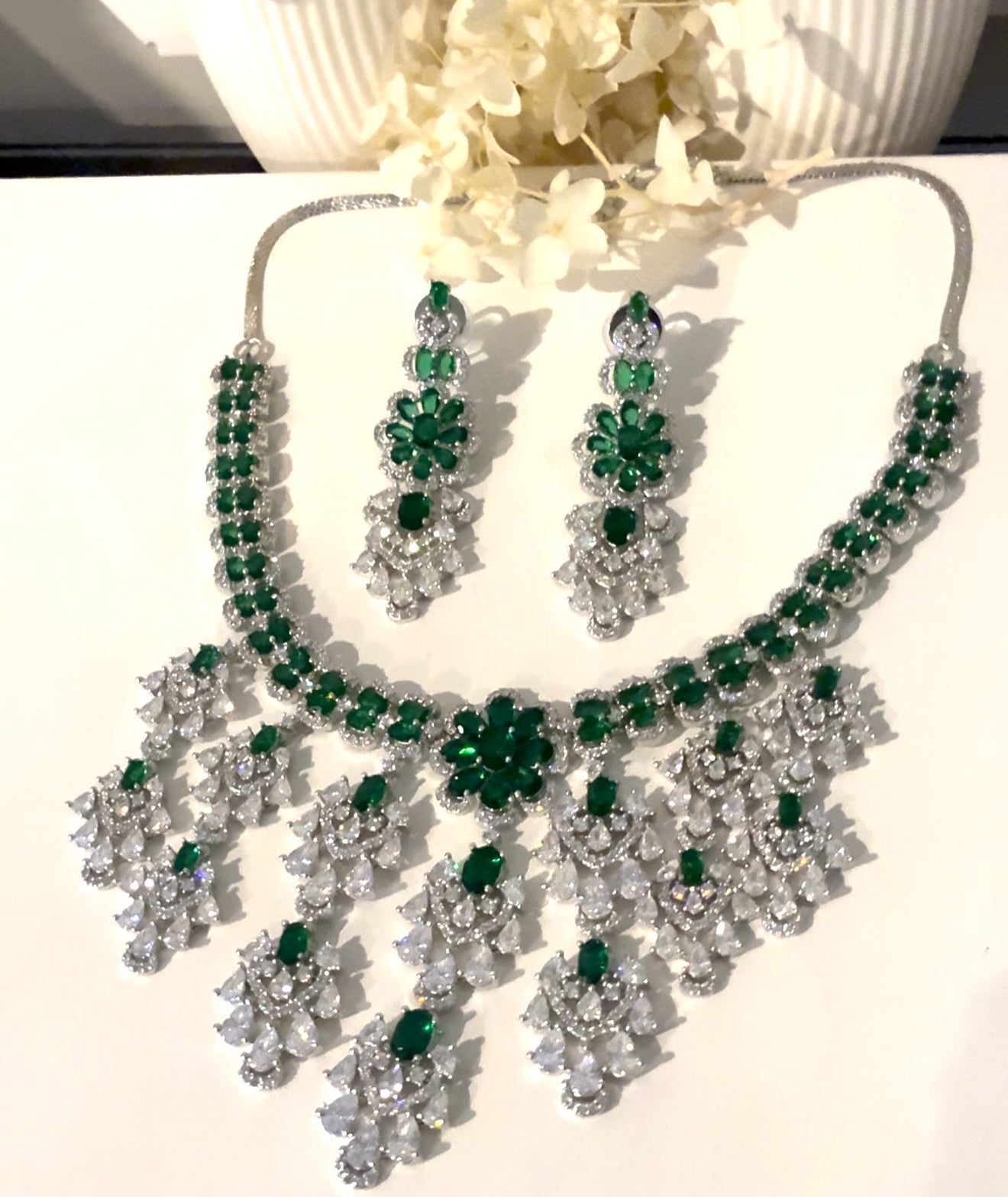 Silver & Green American Diamond (AD) Set