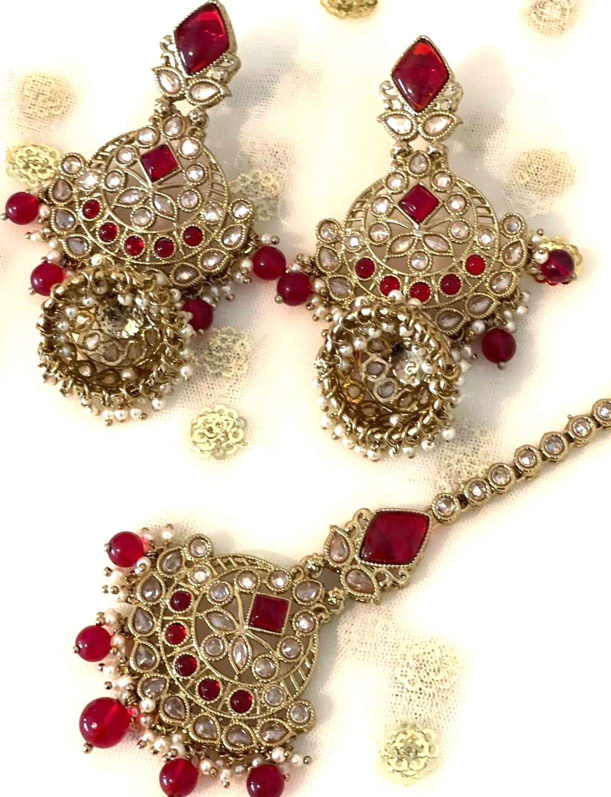 Red & Gold Jhumki Earrings Tikka Set