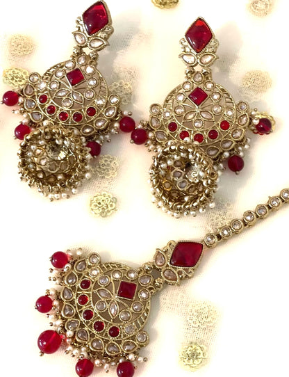 Red & Gold Jhumki Earrings Tikka Set