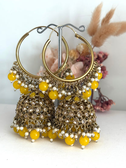 Gold Tone & Yellow Jhumki Earrings Tikka Set