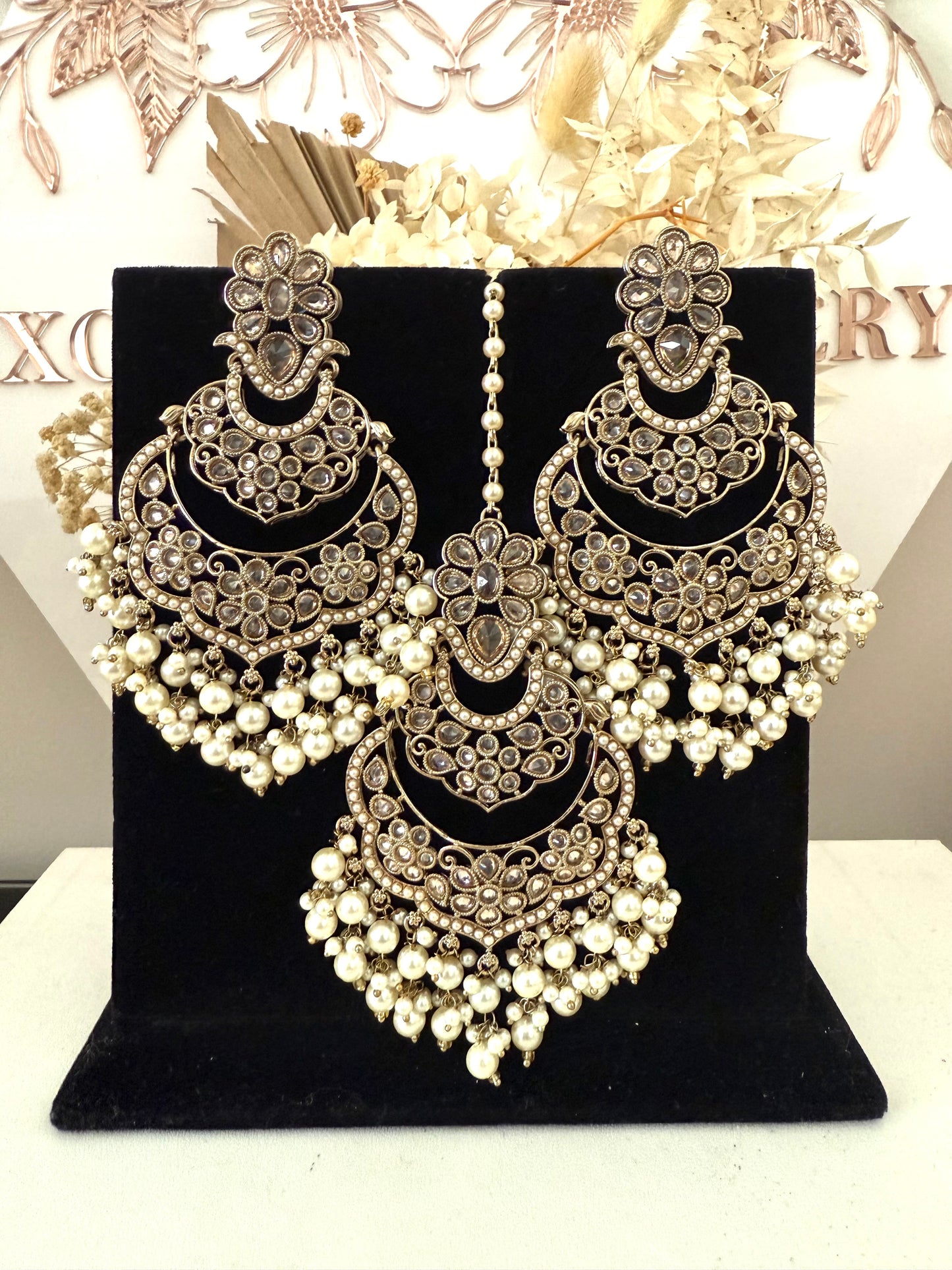 Gold & White Pears Earrings Tikka Set