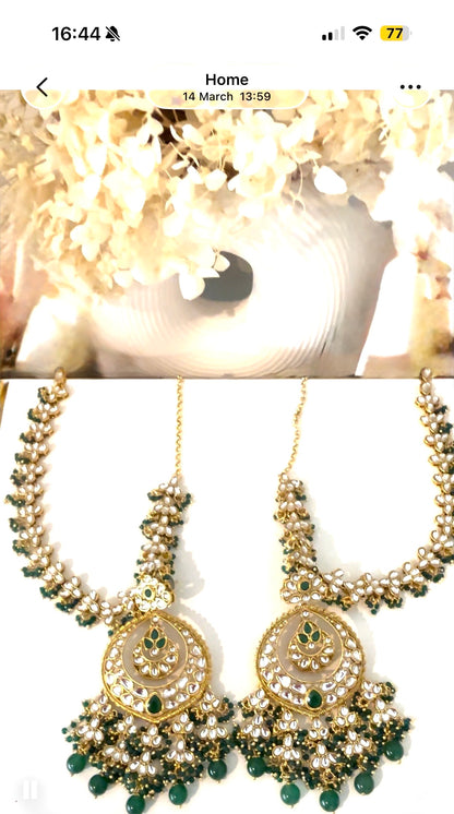 Gold & Green Pearls Ear Chain Earrings