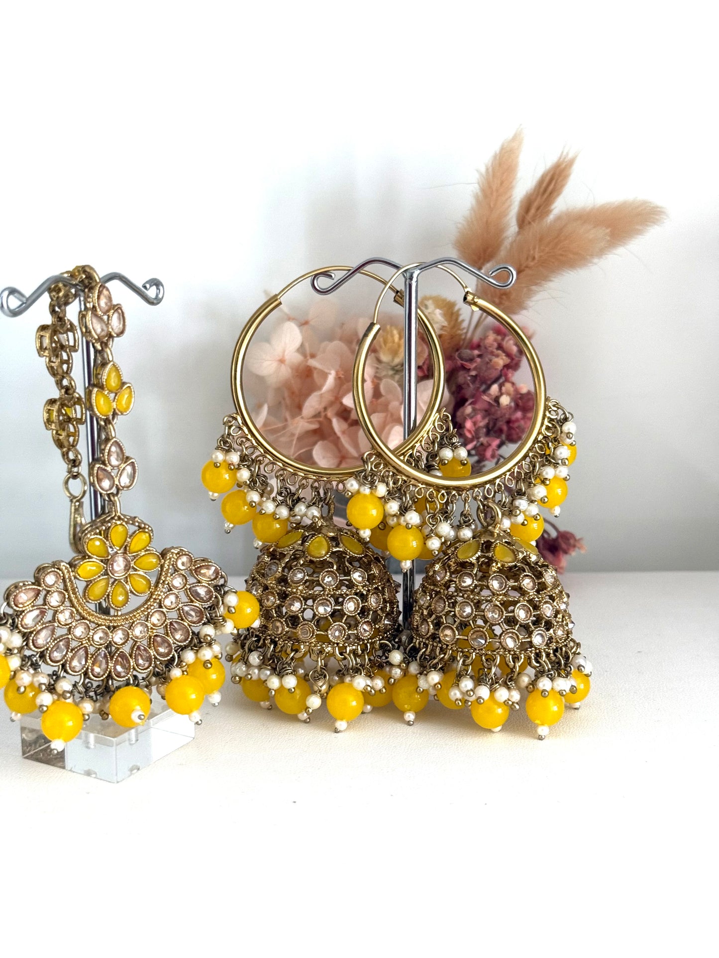 Gold Tone & Yellow Jhumki Earrings Tikka Set