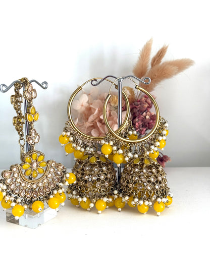 Gold Tone & Yellow Jhumki Earrings Tikka Set