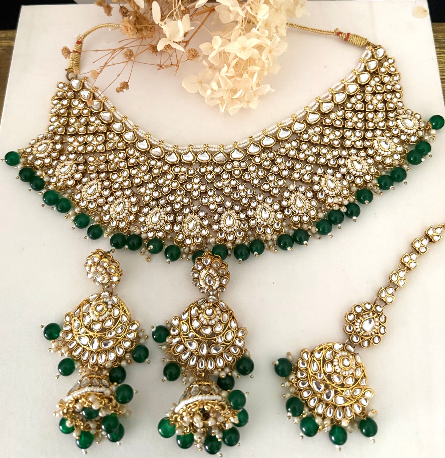 Semi Bridal Gold & Green Necklace Set
