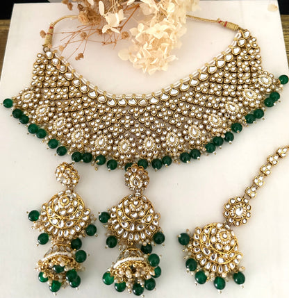 Semi Bridal Gold & Green Necklace Set
