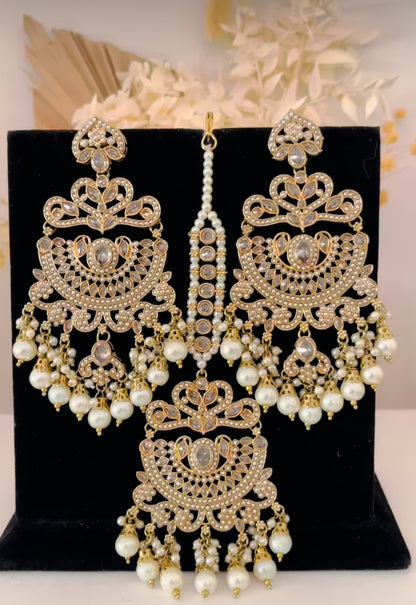 Gold & White Pears Earrings Tikka Set