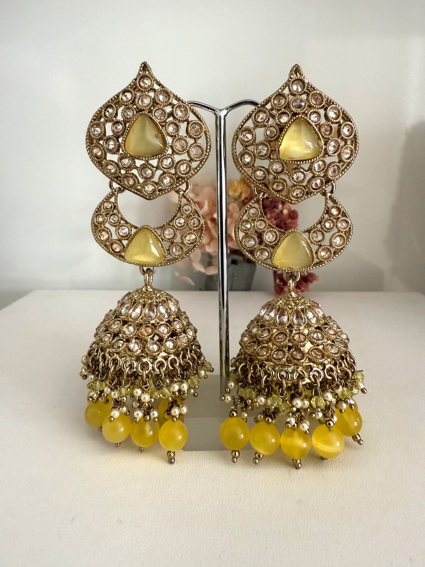 Gold Tone & Yellow Jhumki Earrings