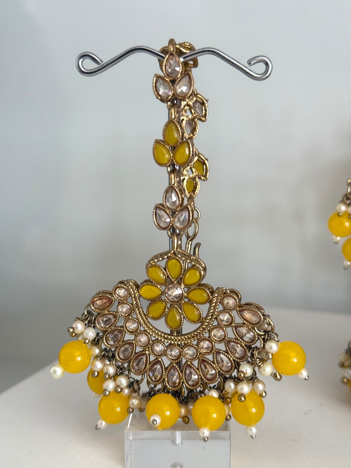Gold Tone & Yellow Jhumki Earrings Tikka Set