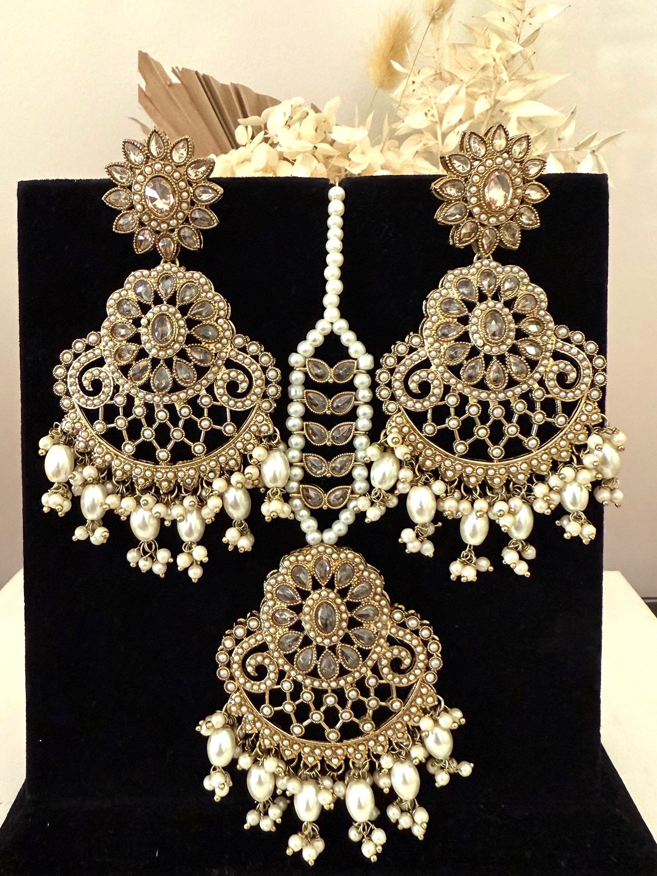 Gold & White Pears Earrings Tikka Set