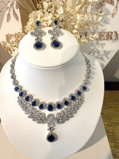 Silver & Navy Blue American Diamond (AD) Set