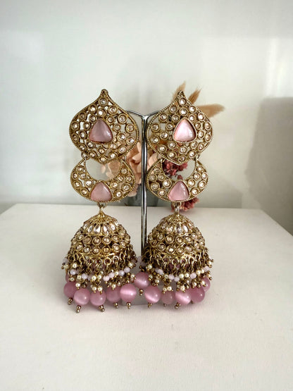 Gold & Pastel Pink Jhumki Earrings