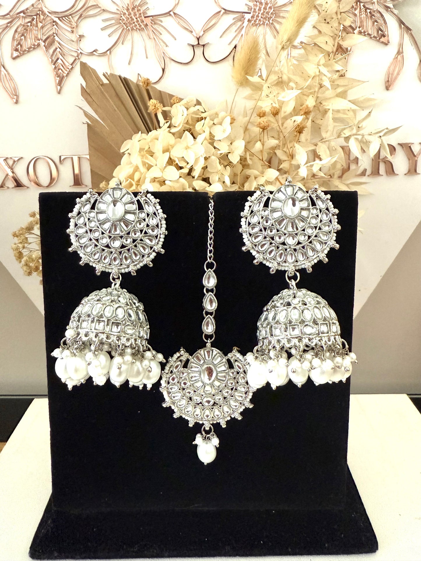 Silver Jhumki Earrings & Tikka Set