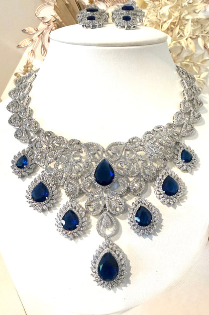 Silver & Navy Blue American Diamond (AD) Set