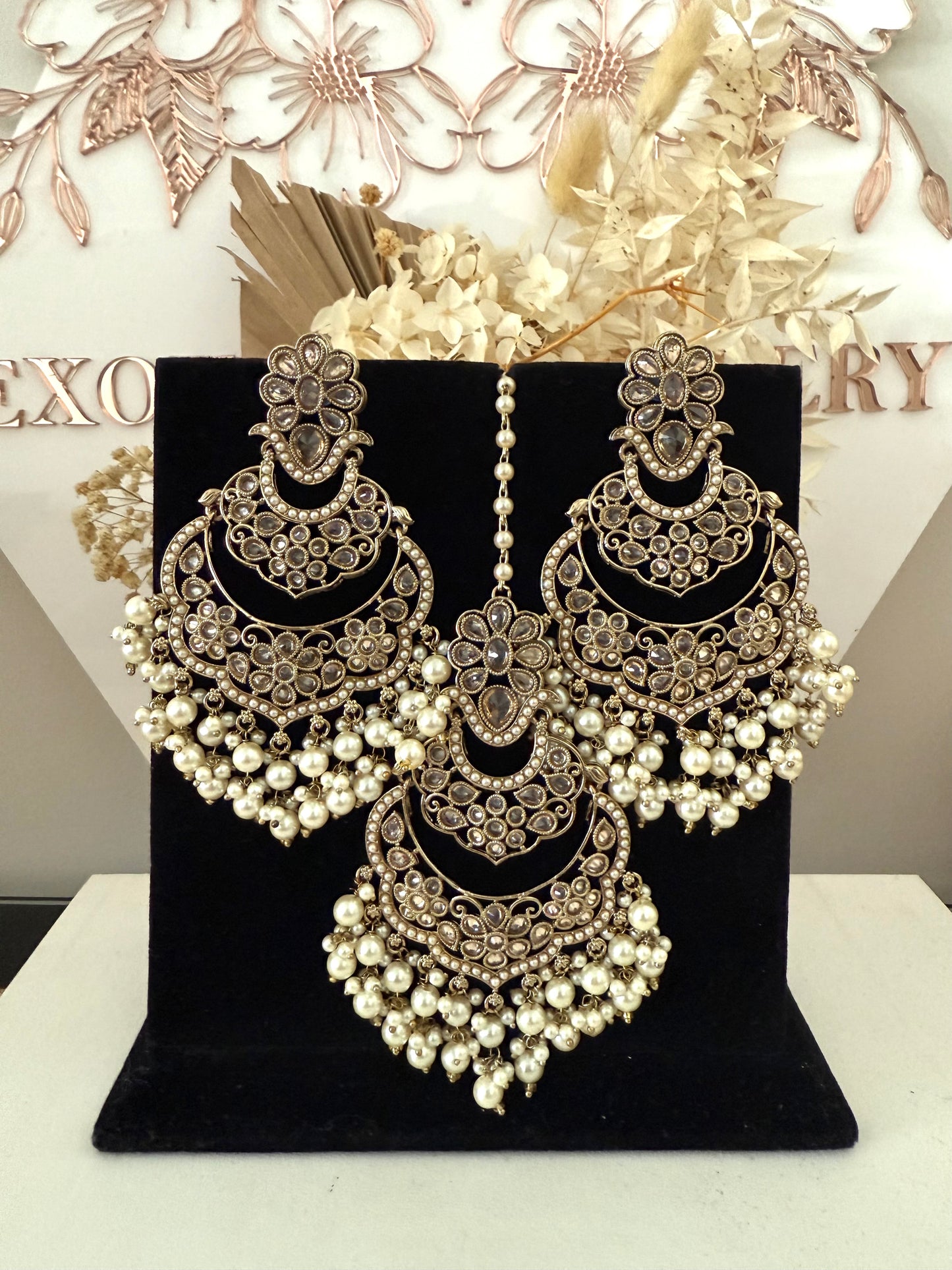 Gold & White Pears Earrings Tikka Set