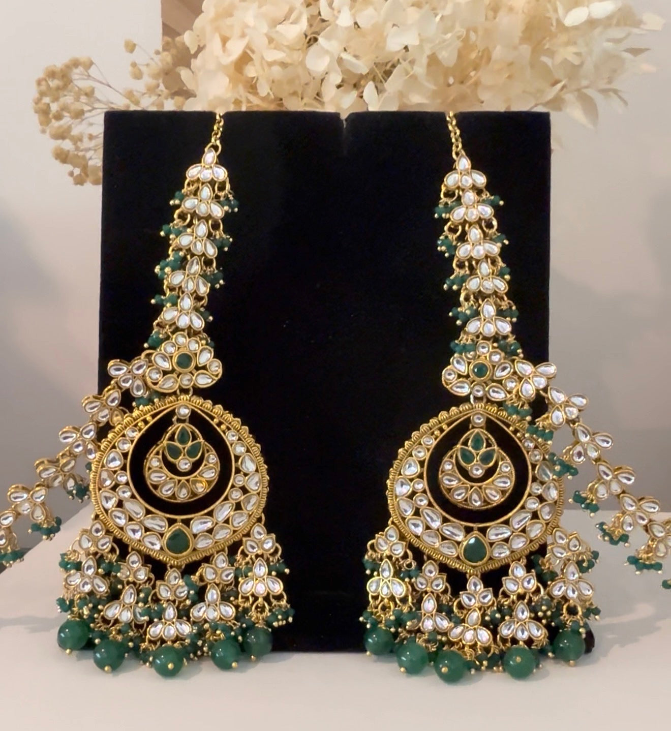 Gold & Green Pearls Ear Chain Earrings