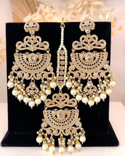 Gold & White Pears Earrings Tikka Set