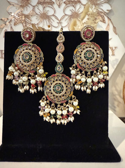 Multi Colour Earrings & Tikka Set