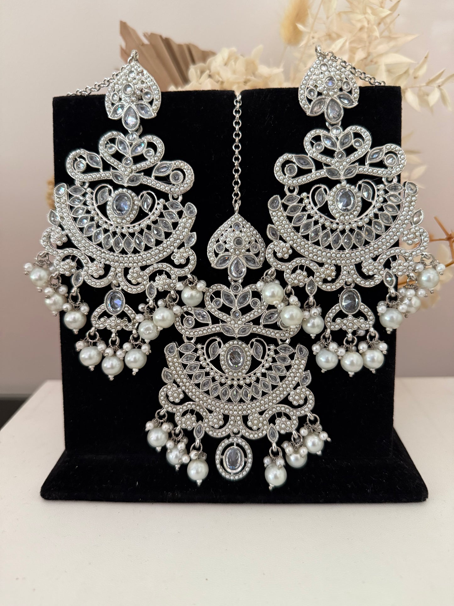 Silver & White Pears Earrings Tikka Set