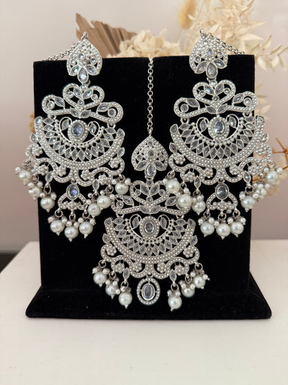 Silver & White Pears Earrings Tikka Set