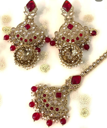 Red & Gold Jhumki Earrings Tikka Set