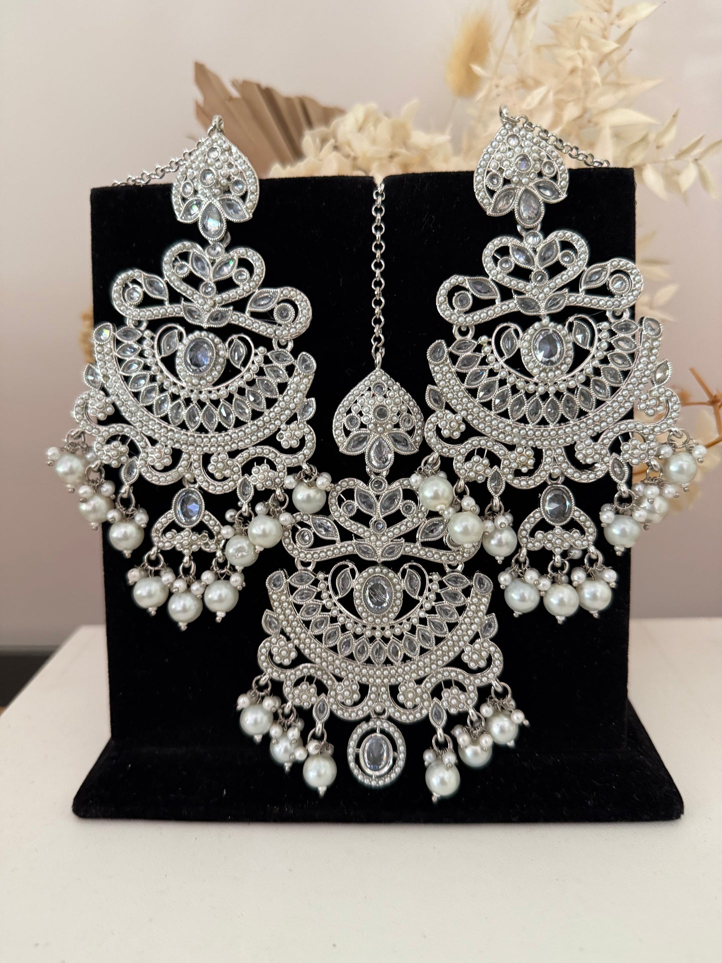 Silver & White Pears Earrings Tikka Set