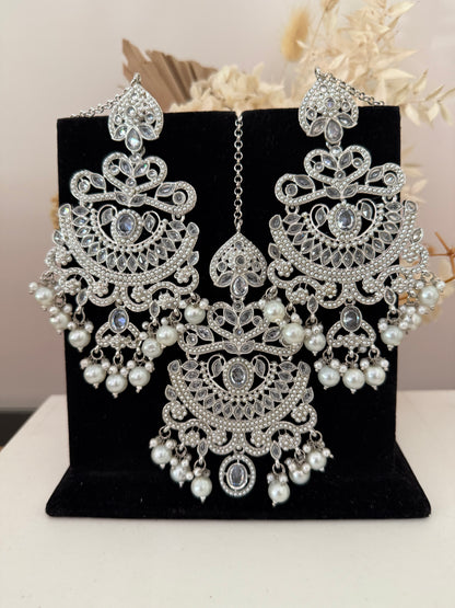 Silver & White Pears Earrings Tikka Set