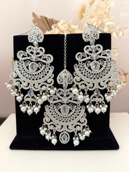 Silver & White Pears Earrings Tikka Set