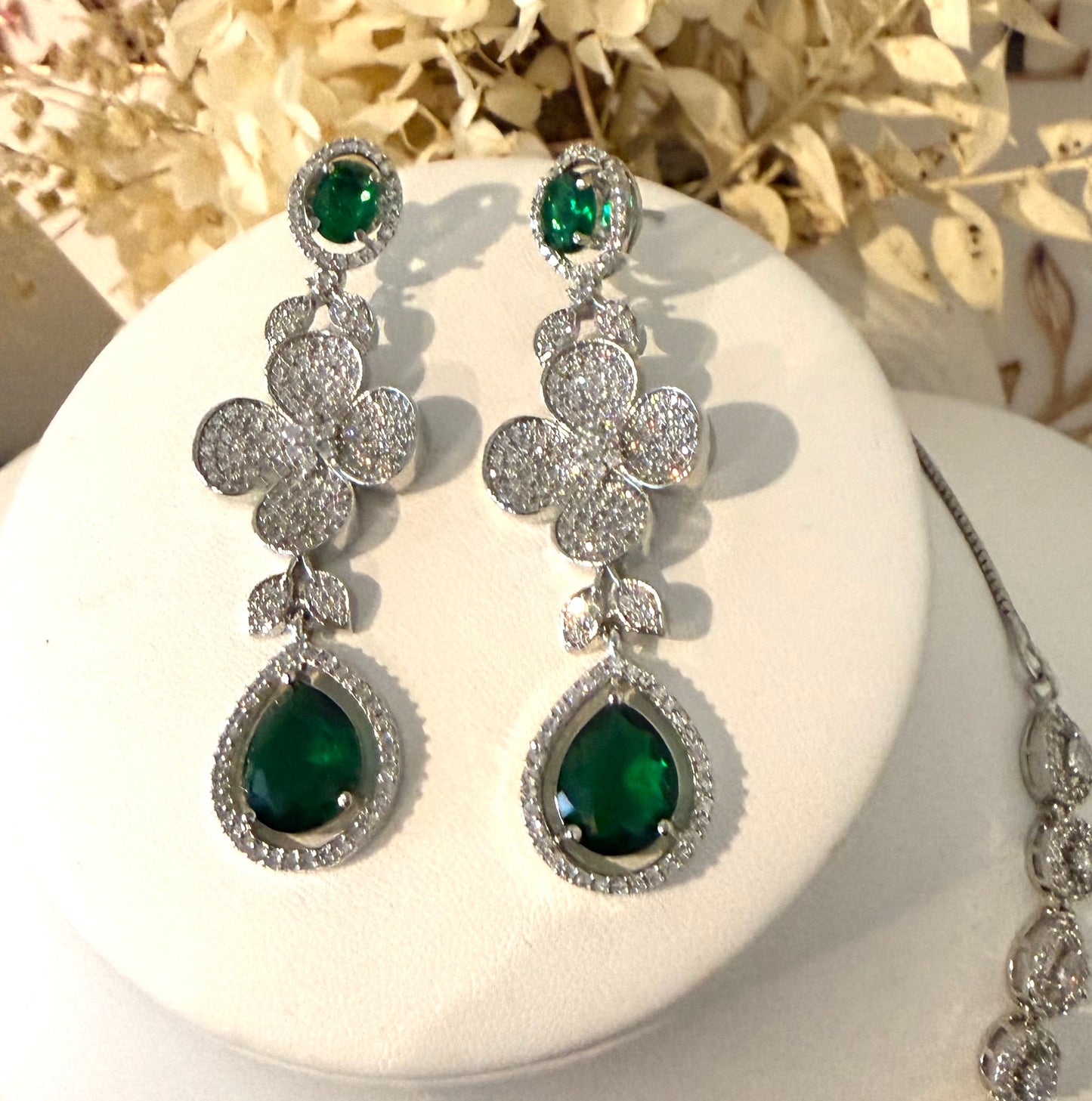 Silver & Green American Diamond (AD) Set