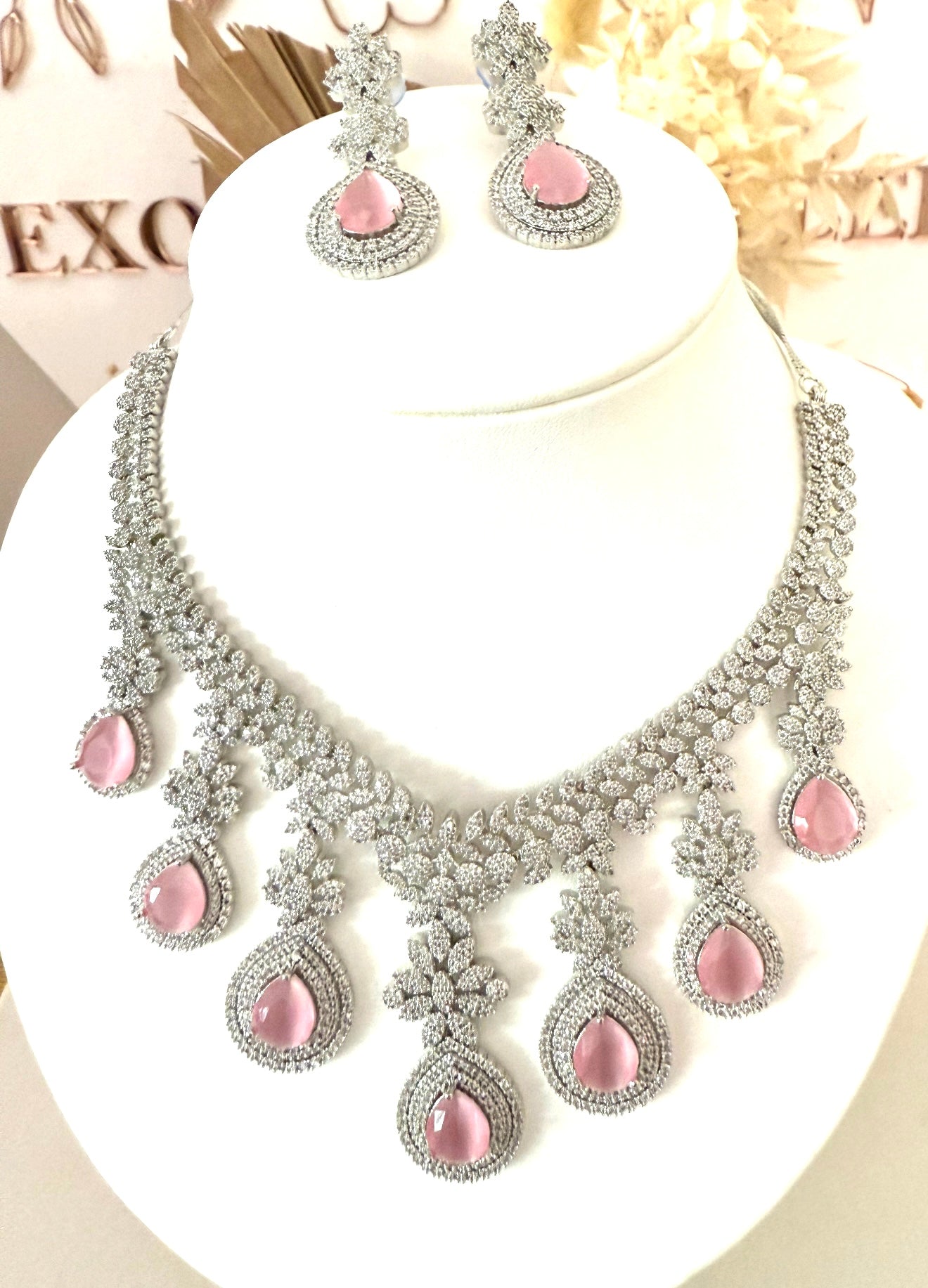 Silver & Pink American Diamond (AD) Set